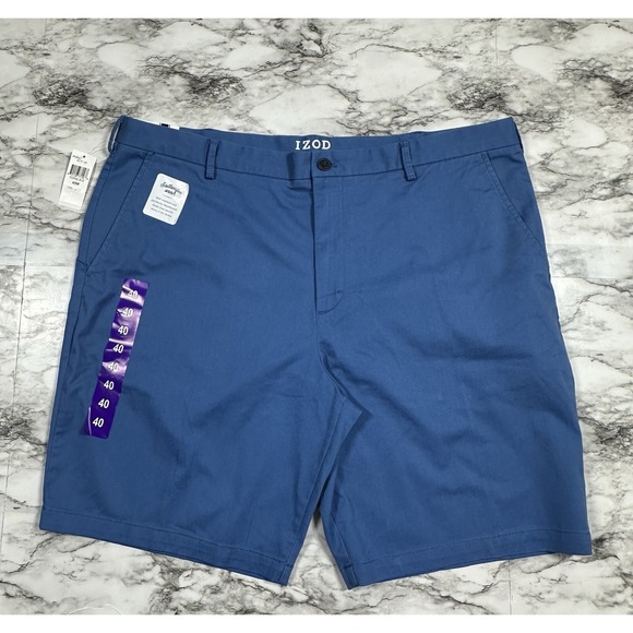 IZOD Men's Stretch Shorts Sz 40 Relaxed Fit Flat Front Saltwater Chino Blue NEW - Picture 2 of 13